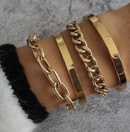 Minimalist 3-Piece Smooth Cuff & Layered Chain Bracelet Set (Gold/Silver Tone) Feminé Luxé
