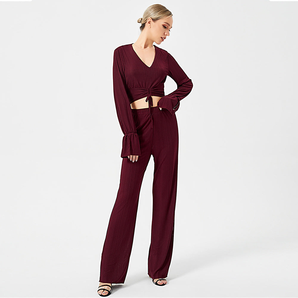 The Wine Noir Ribbed Bell-Sleeve Co-ord Set | Deep V-Neck & Flare Trousers Feminé Luxé