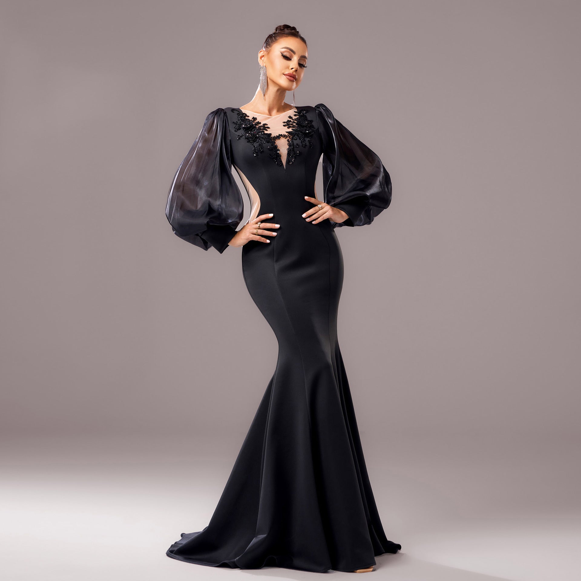 Black Majesty Long Sleeve Sheer Banquet Fishtail Gown Feminé Luxé