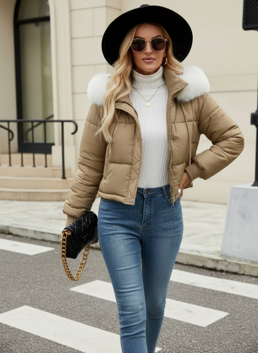 Chic Cropped Puffer Jacket with Detachable Faux Fur Hood Feminé Luxé