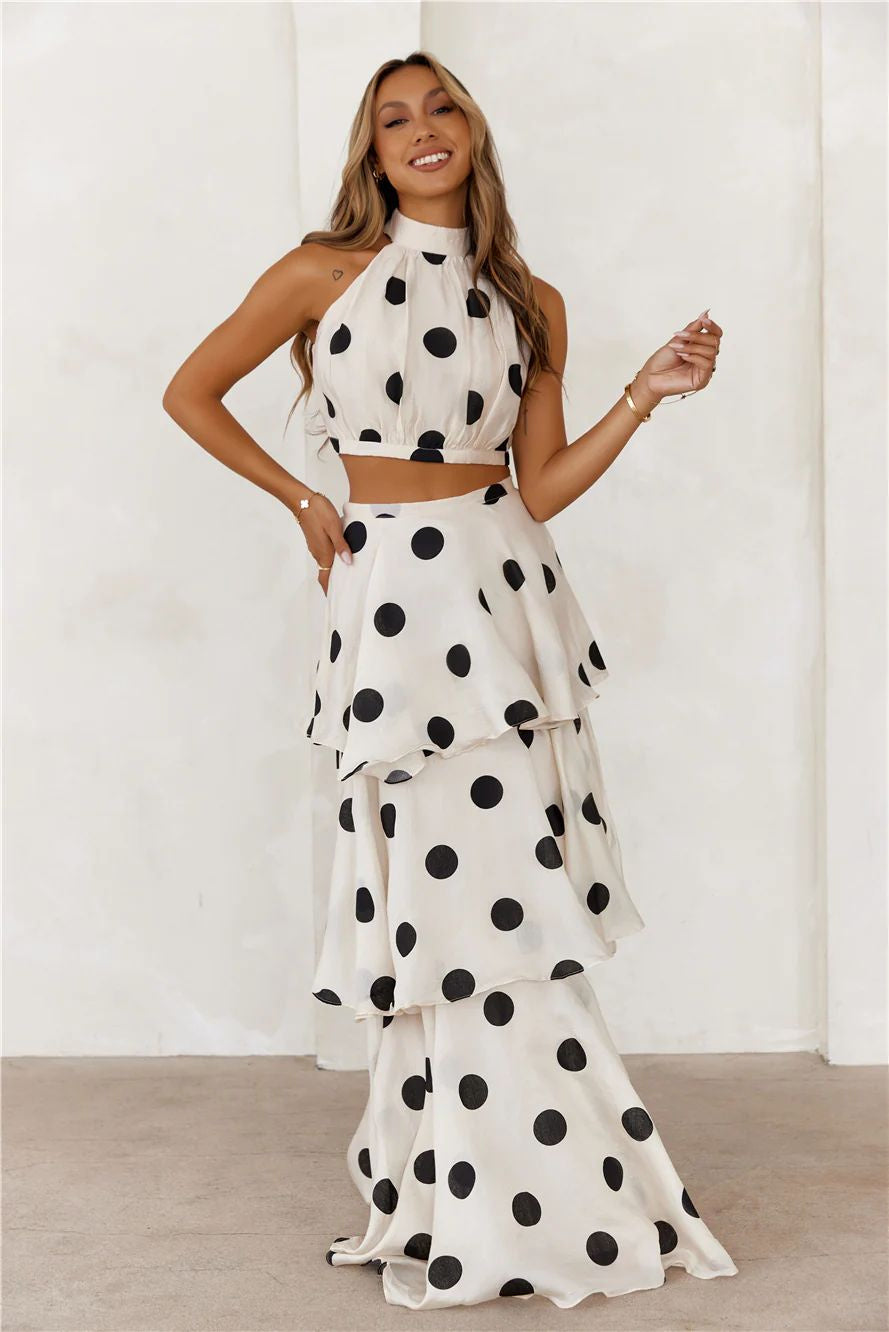 Polka Dot Halter Crop Top & Layered Tiered Maxi Skirt Set – Retro Glamour Feminé Luxé