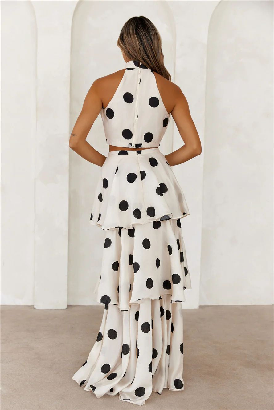 Polka Dot Halter Crop Top & Layered Tiered Maxi Skirt Set – Retro Glamour Feminé Luxé