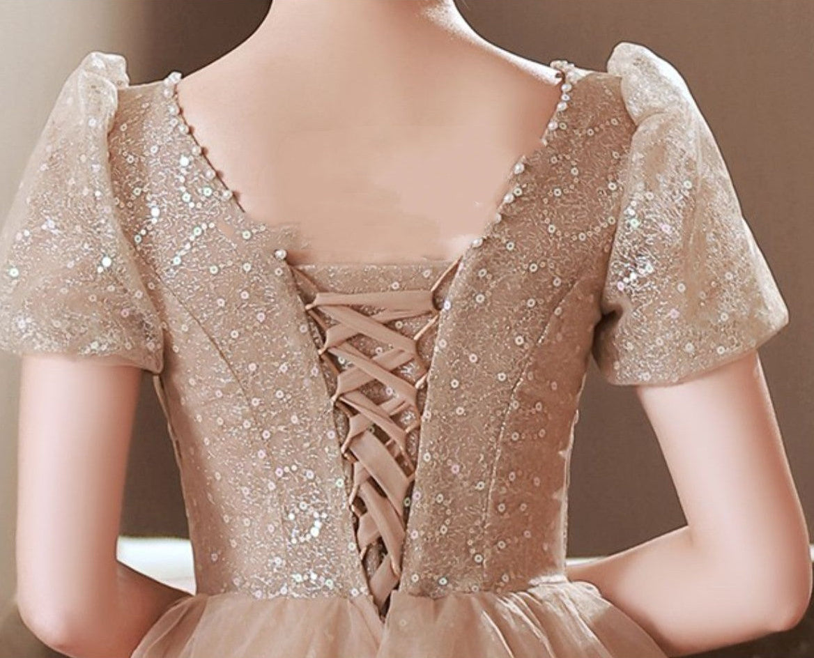 Luxury Light Khaki Evening Gown with Puff Sleeves & Sequin Detail Feminé Luxé