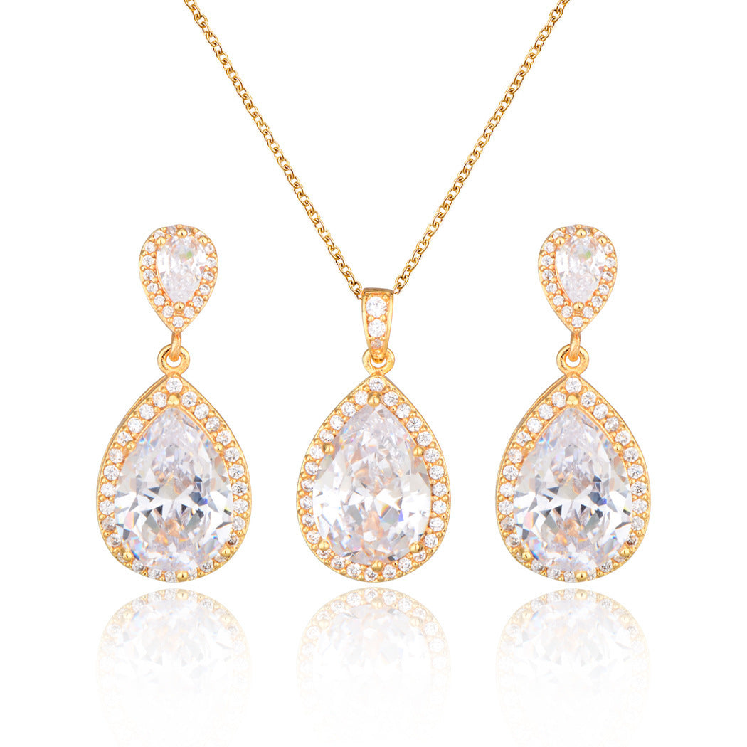 Vibrant Teardrop Zircon Bridal Set: Diamond-Treated Necklace & Earrings in 14K Gold/Platinum Plating for Bold Elegance Feminé Luxé