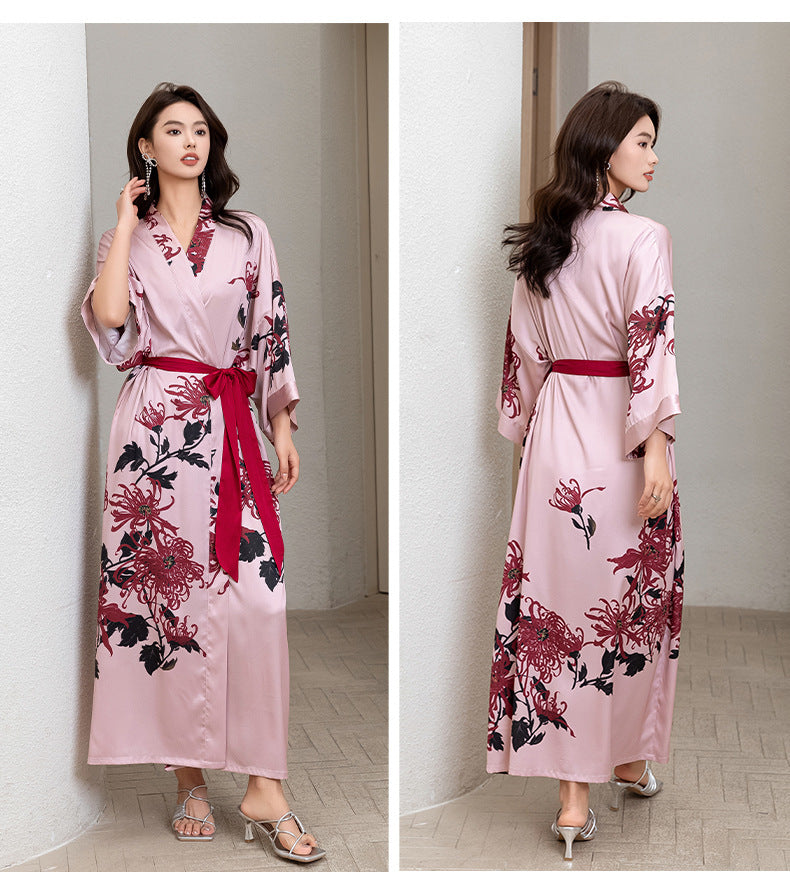 Elegant Printed Satin Maxi Kimono Robe | Luxurious Night Gown Feminé Luxé