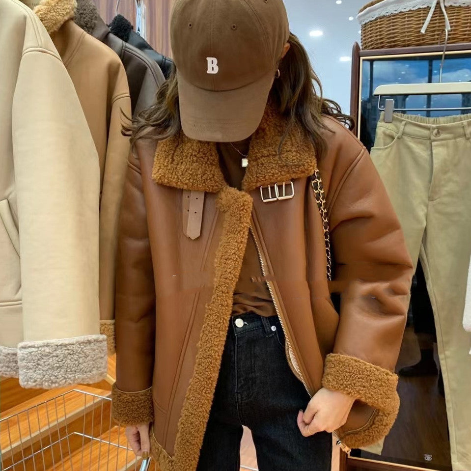 Retro Lamb Fur Integrated Biker Leather Jacket Feminé Luxé