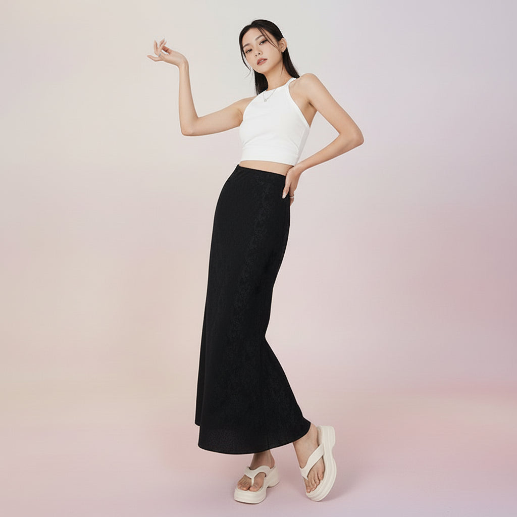 The Luxe Jacquard Maxi Column Skirt | High-Rise Waist & Textured Black Finish Feminé Luxé