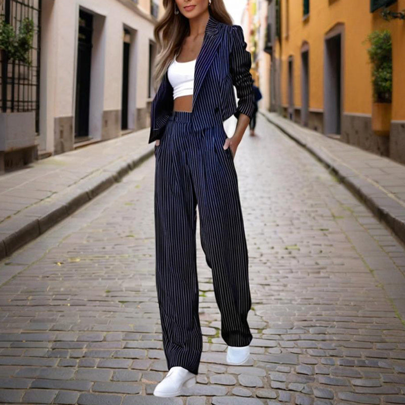 Striped Crop Blazer, Pleated Pant & Cropped Top 3-Piece Set | Feminé Modern Workwear Feminé Luxé