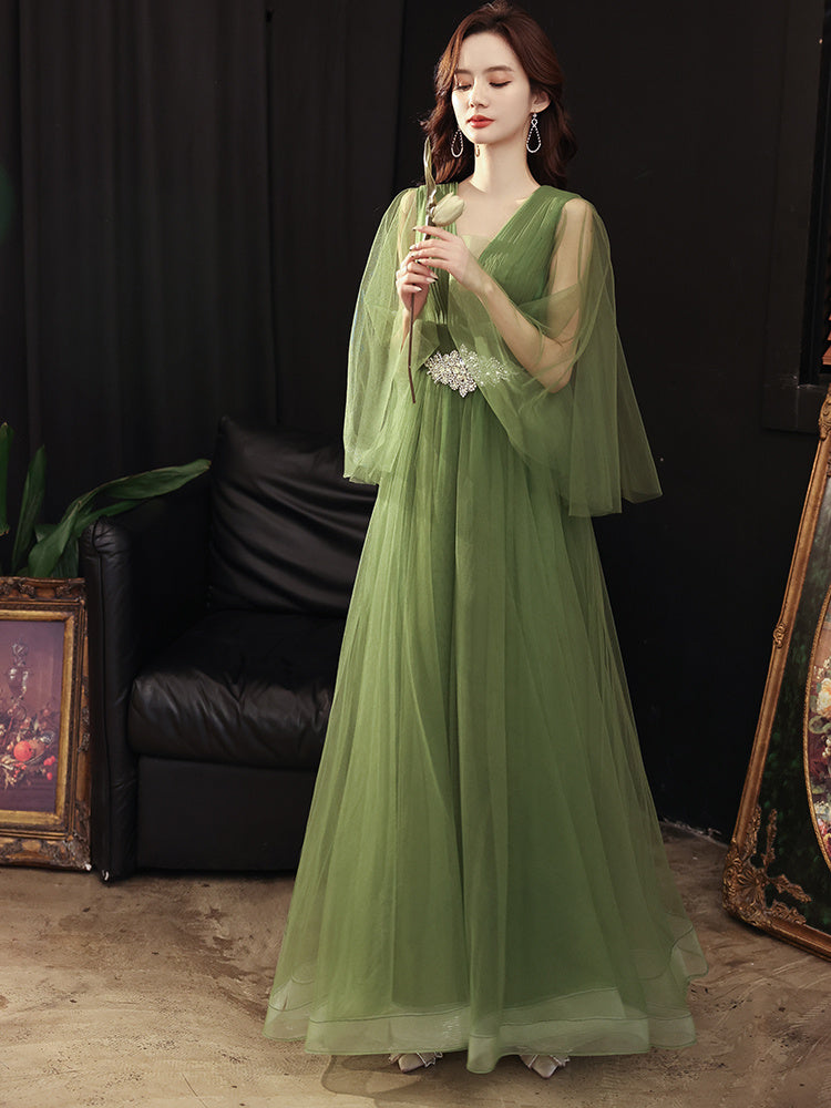 Elegant Green Off-Shoulder Layered Tulle Evening Dress Feminé Luxé