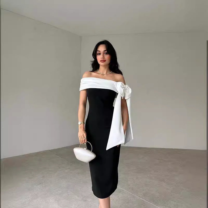 Elegant Off-Shoulder Black & White Bow Dress Feminé Luxé