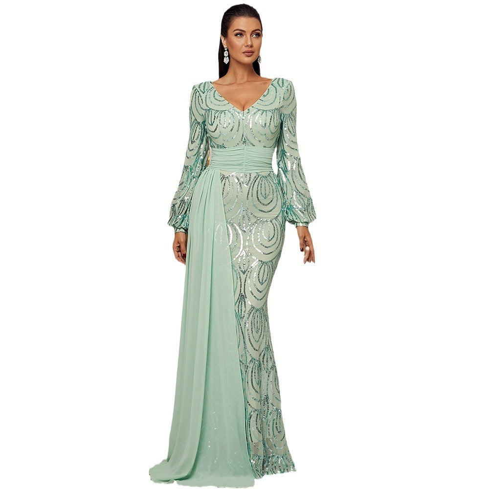 Elegant Long Sleeve Sequined V-Neck Evening Dress with Ribbon Detail Feminé Luxé