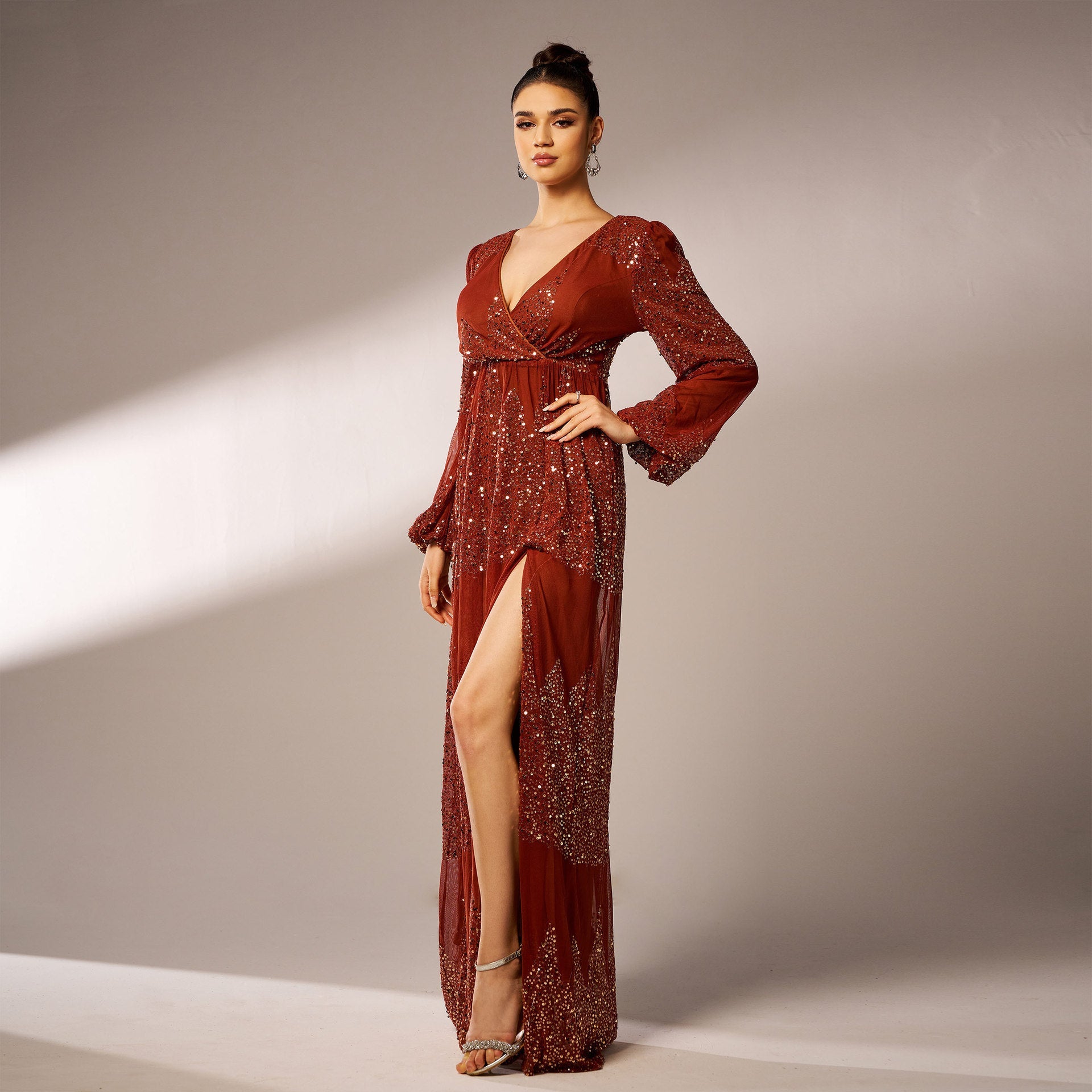 Long Sleeve V-Neck Sequined Evening Dress – Elegant Slit Design Feminé Luxé