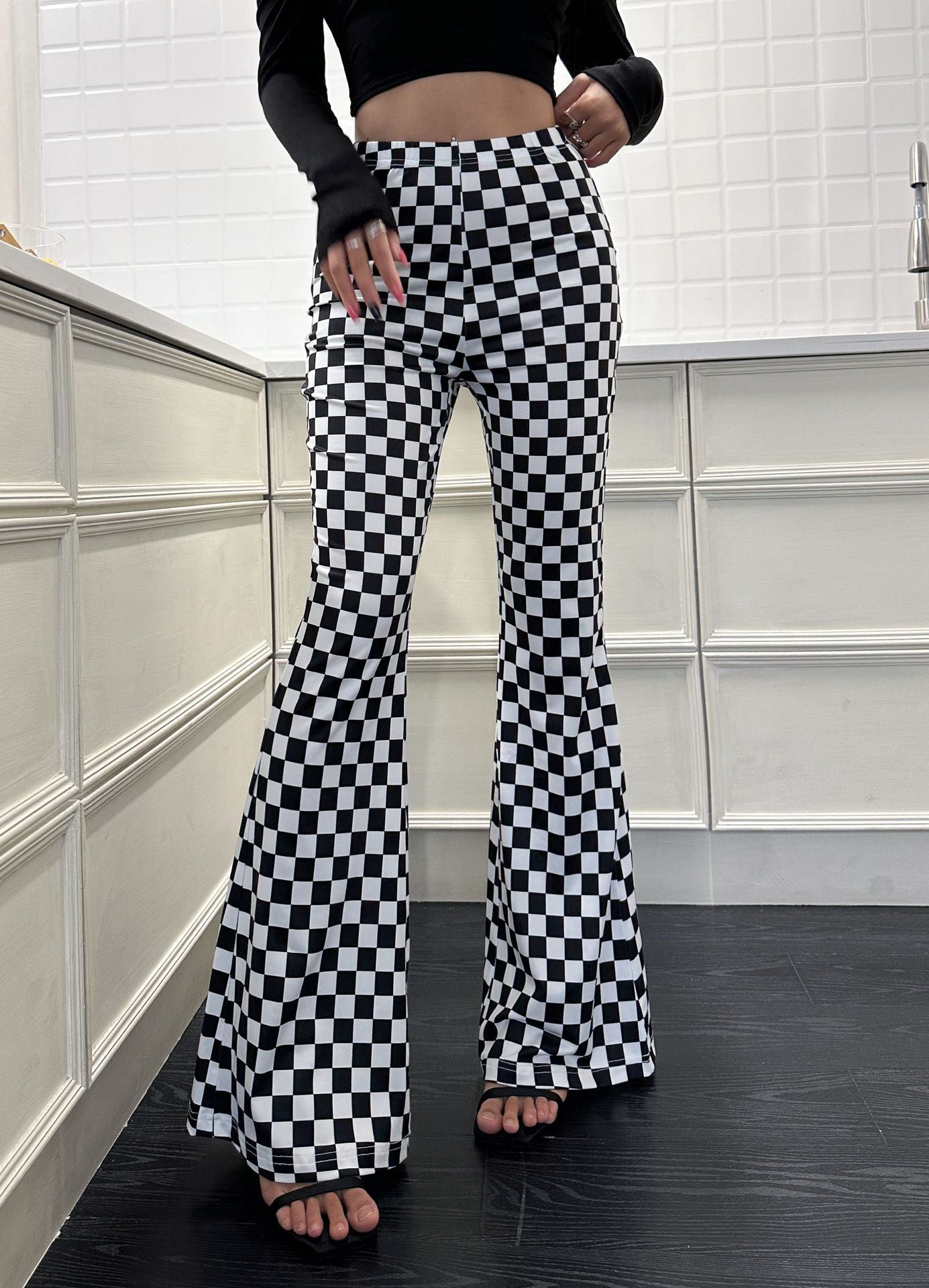 Iconic Checkerboard High-Waist Flared Yoga Pants Feminé Luxé