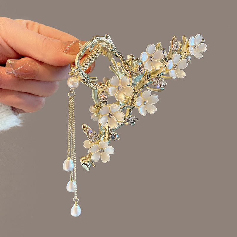 The Blossom Cascade Claw: Ornate Bell Orchid & Pearl Tassel Hair Gripping Clip - Couture Bridal & Statement Accessory Feminé Luxé