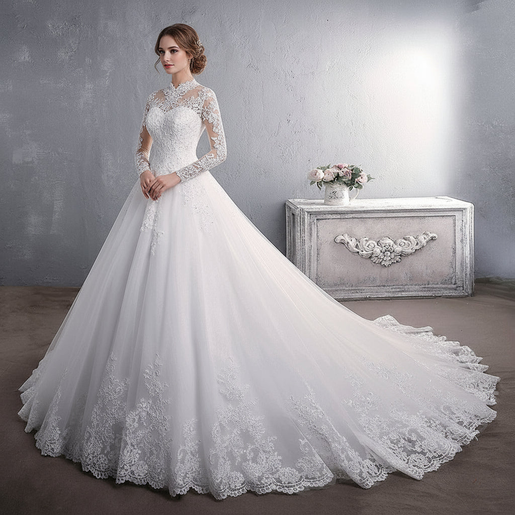 Regal High-Neck Lace Bridal Gown - Timeless Long Sleeve Ballgown with Train Feminé Luxé