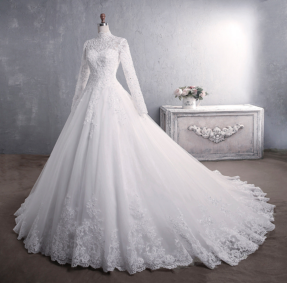 Regal High-Neck Lace Bridal Gown - Timeless Long Sleeve Ballgown with Train Feminé Luxé
