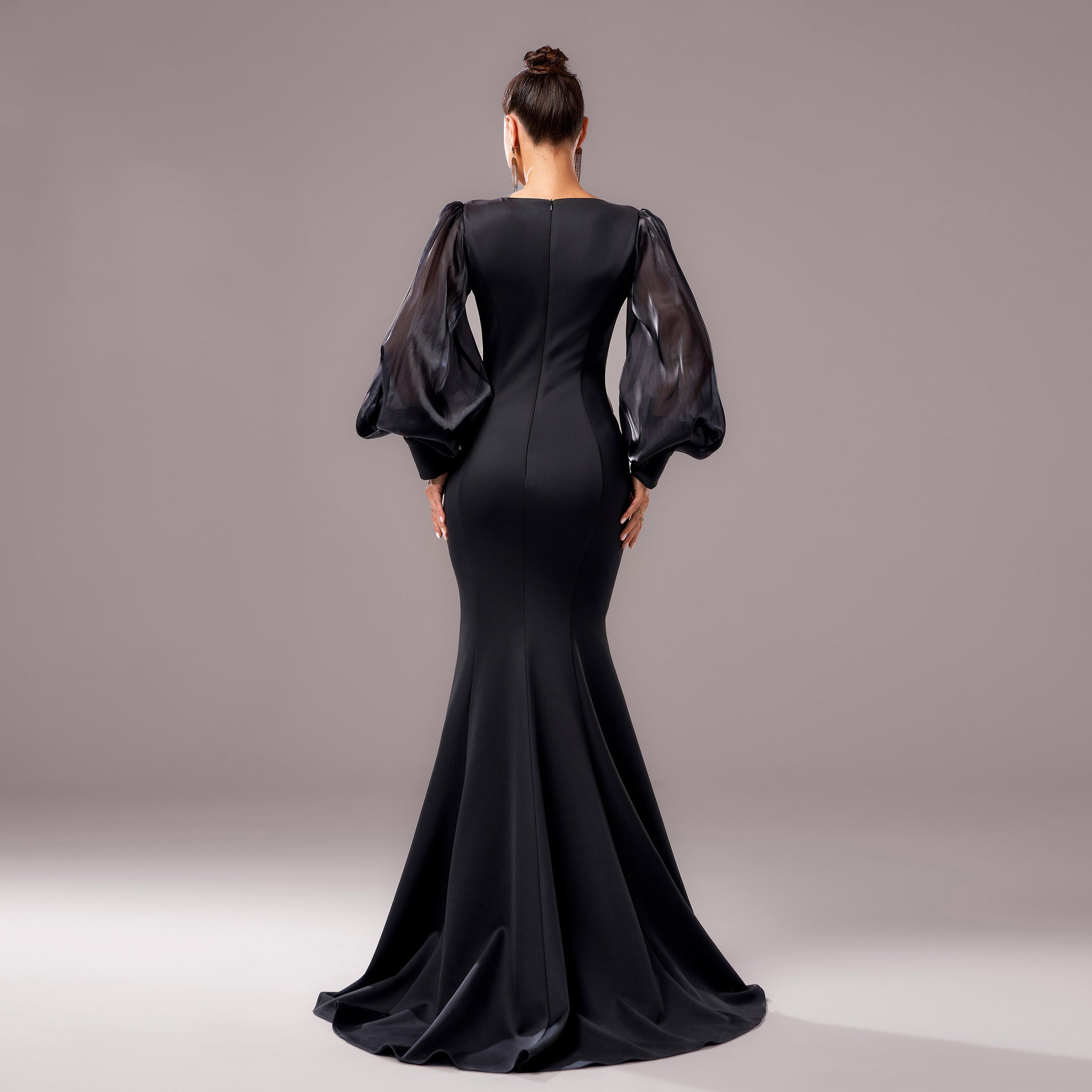Black Majesty Long Sleeve Sheer Banquet Fishtail Gown Feminé Luxé