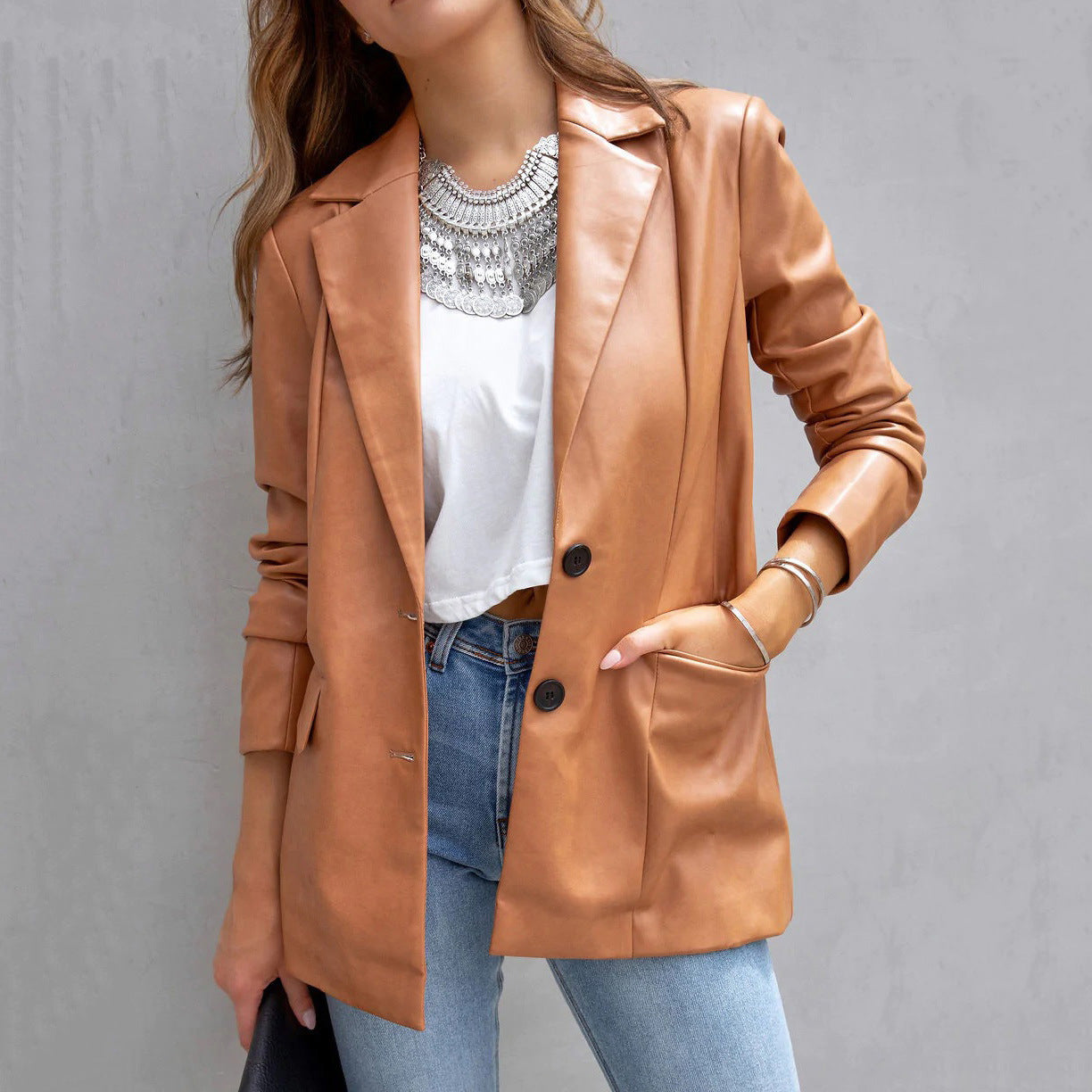 The 'Executive' Faux Leather Blazer | Single-Button Longline Cardigan Feminé Luxé