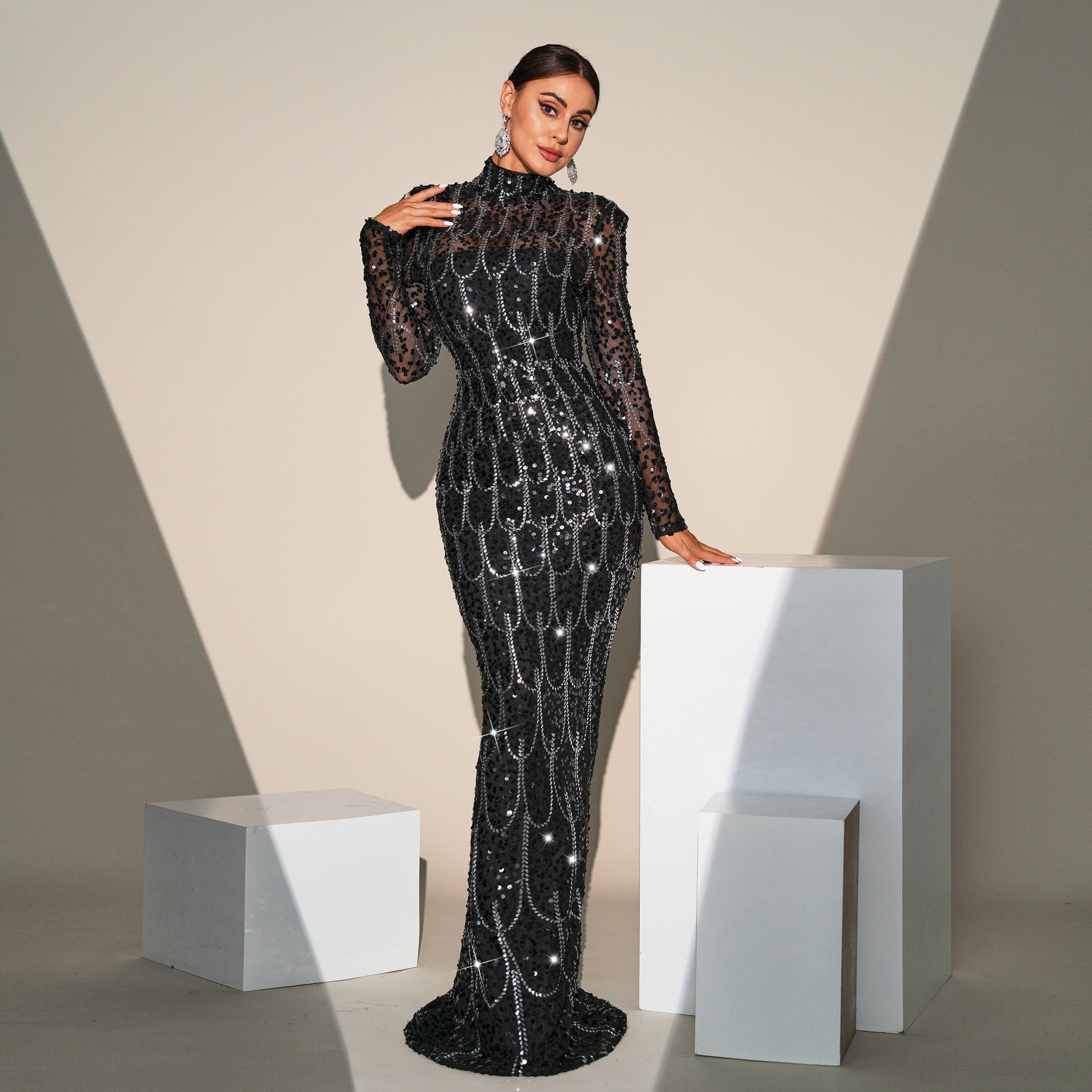 Glamorous Long Sleeve Sequin Round Neck Slim-Fit Evening Gown Feminé Luxé