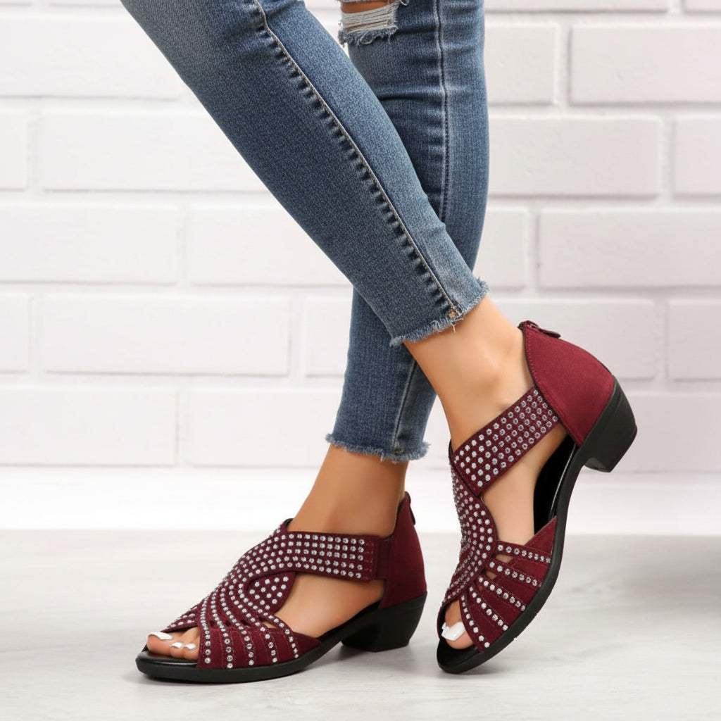 The "Obsidian Rhythm" Studded Peep-Toe Block Heel Sandal Feminé Luxé