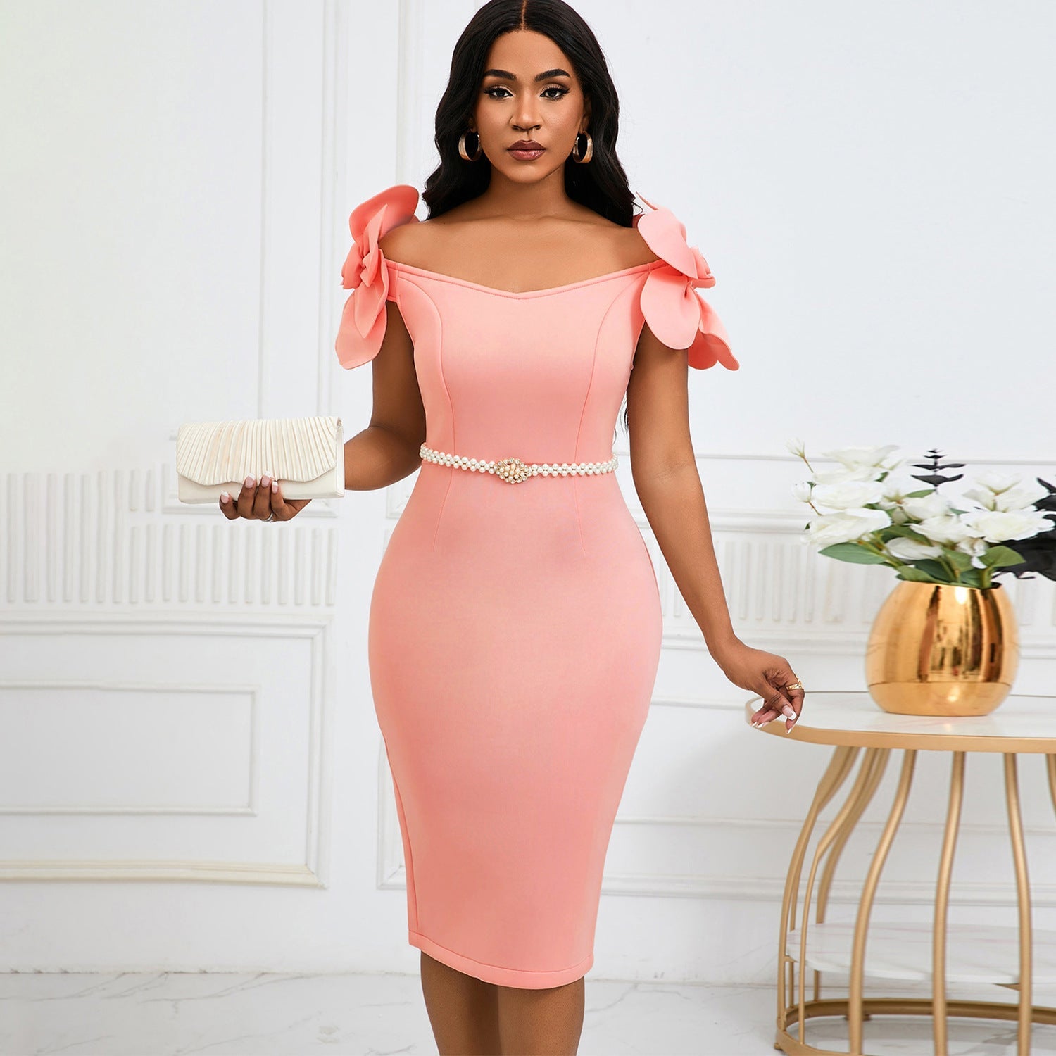 Elegant Floral Shoulder Bodycon Dress – Chic Cocktail & Party Style Feminé Luxé
