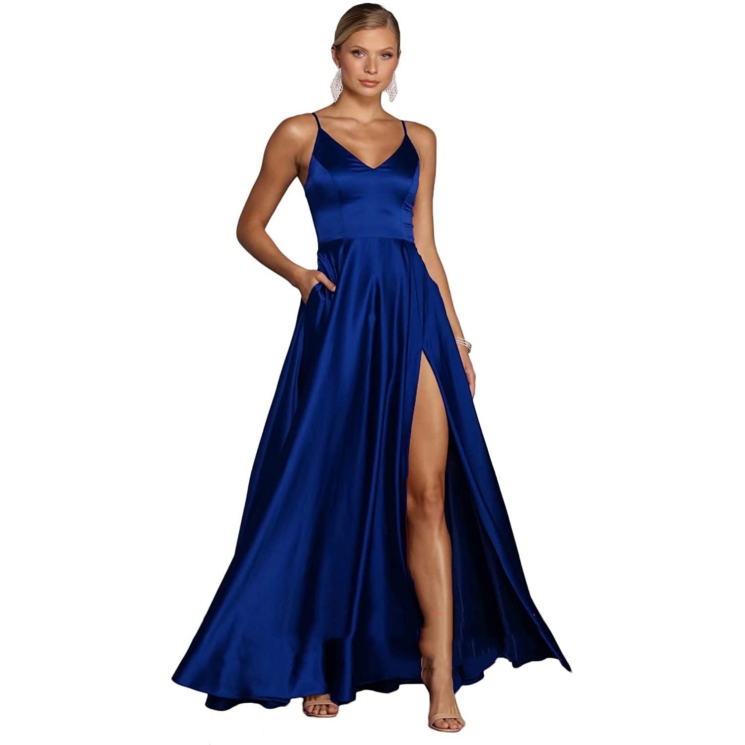 Elegant Satin V-Neck A-Line Long Evening Dress Feminé Luxé