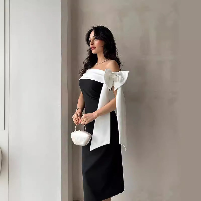 Elegant Off-Shoulder Black & White Bow Dress Feminé Luxé