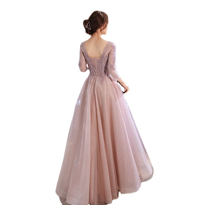 Elegant Long Sleeve Lace & Tulle Evening Gown in Soft Pink Feminé Luxé