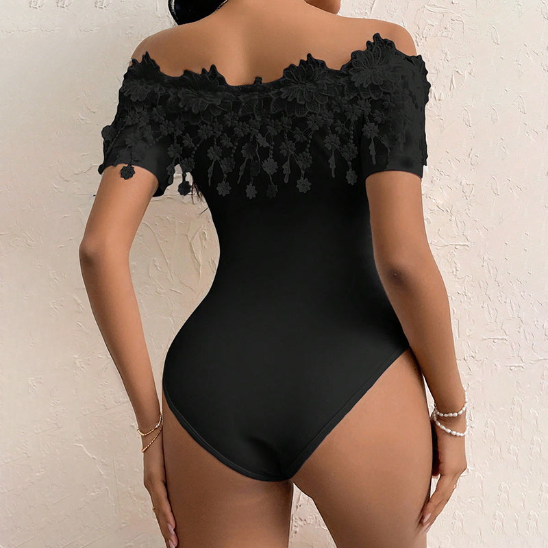 Romantic Off-Shoulder Lace Trim Bodycon Bodysuit Feminé Luxé