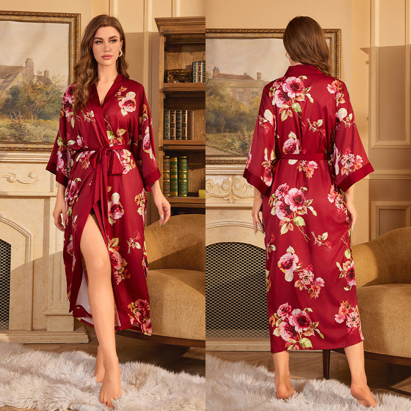 Elegant Printed Satin Maxi Kimono Robe | Luxurious Night Gown Feminé Luxé