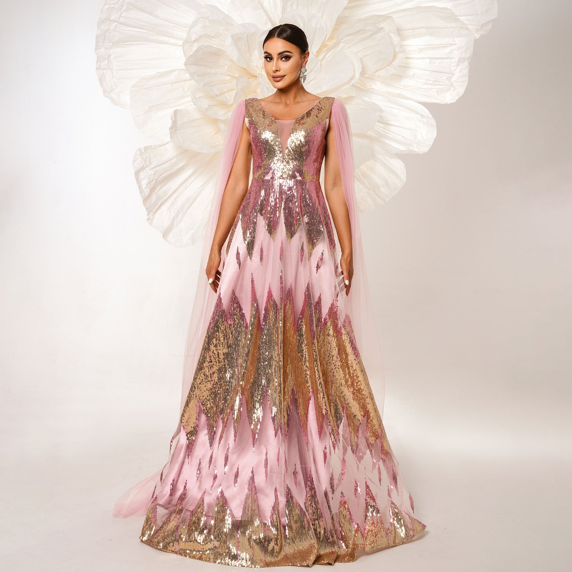 Mesh Long Sleeve V-Neck Sequins Swing Evening Gown Feminé Luxé