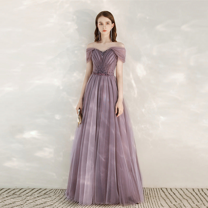 Elegant Purple Off-Shoulder Tulle Evening Gown Feminé Luxé