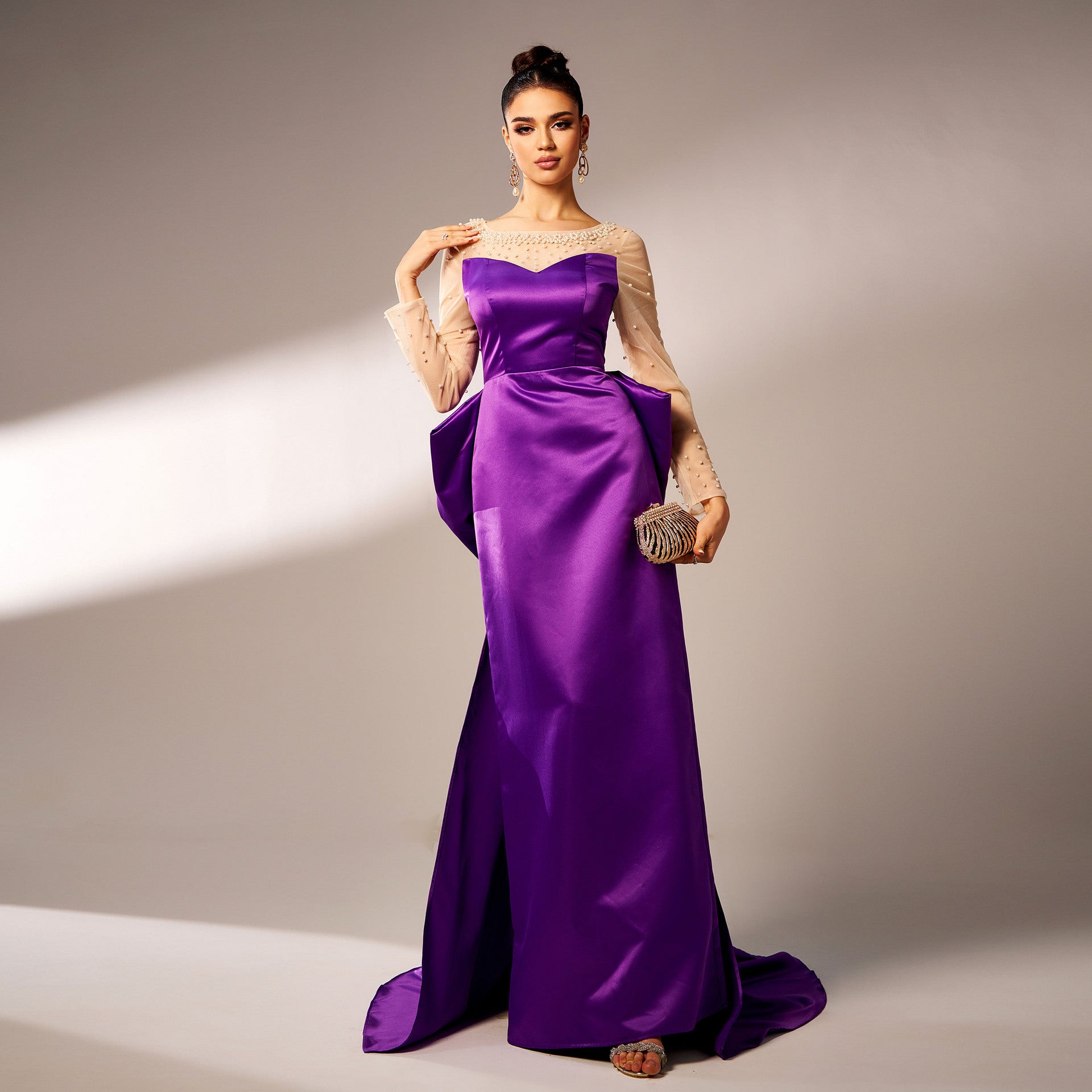 Royal Purple Long Sleeve Beaded Bow Evening Gown Feminé Luxé