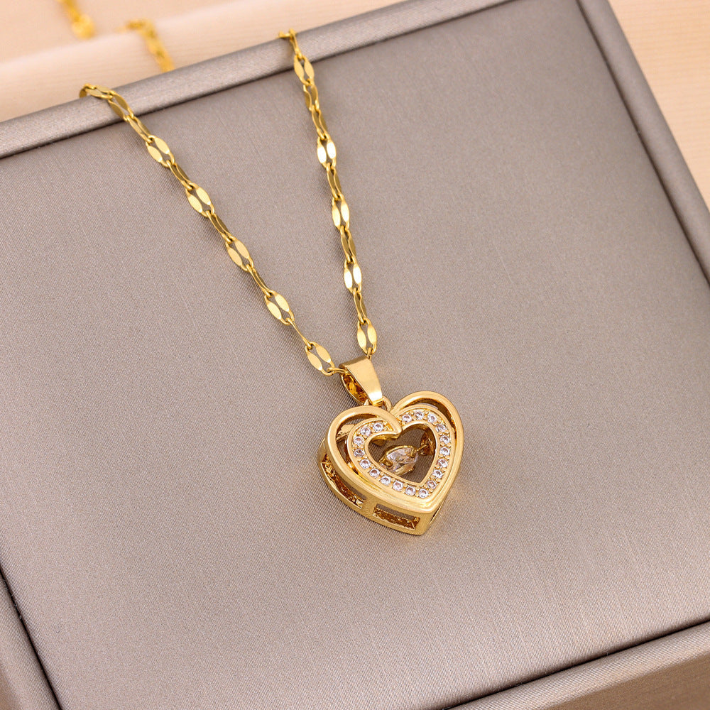 Elegant Double-Layer Love Heart Necklace - Rhinestone Titanium Steel Pendant Chain for Women Feminé Luxé