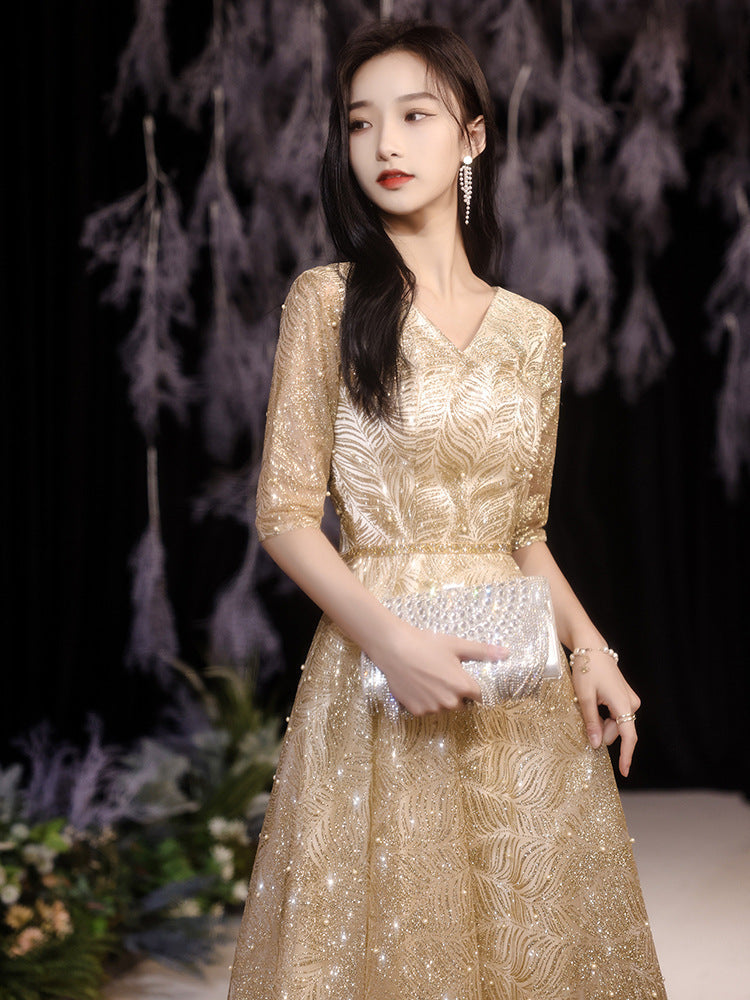 Elegant Red Lace Evening Gown with V-Neck & Half Sleeves Feminé Luxé