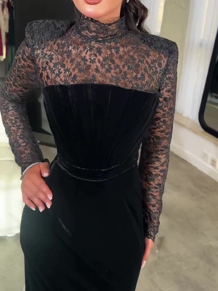 Black Long Sleeve Lace Velvet Bodycon Two Piece Dress Feminé Luxé