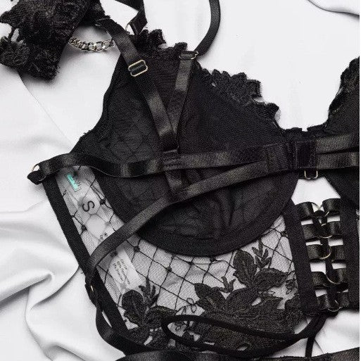 Ethereal Lace Hollow-Out Garter Lingerie Set Feminé Luxé
