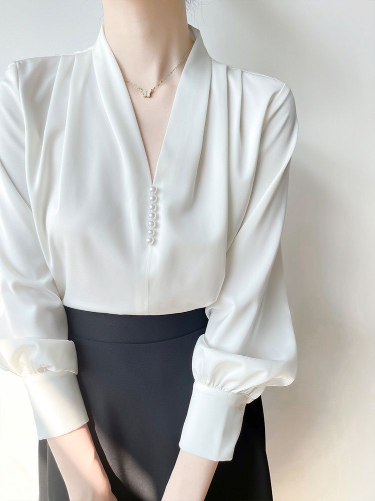 Elegant V-Neck Draped Chiffon Blouse - Chic & Sophisticated Feminé Luxé
