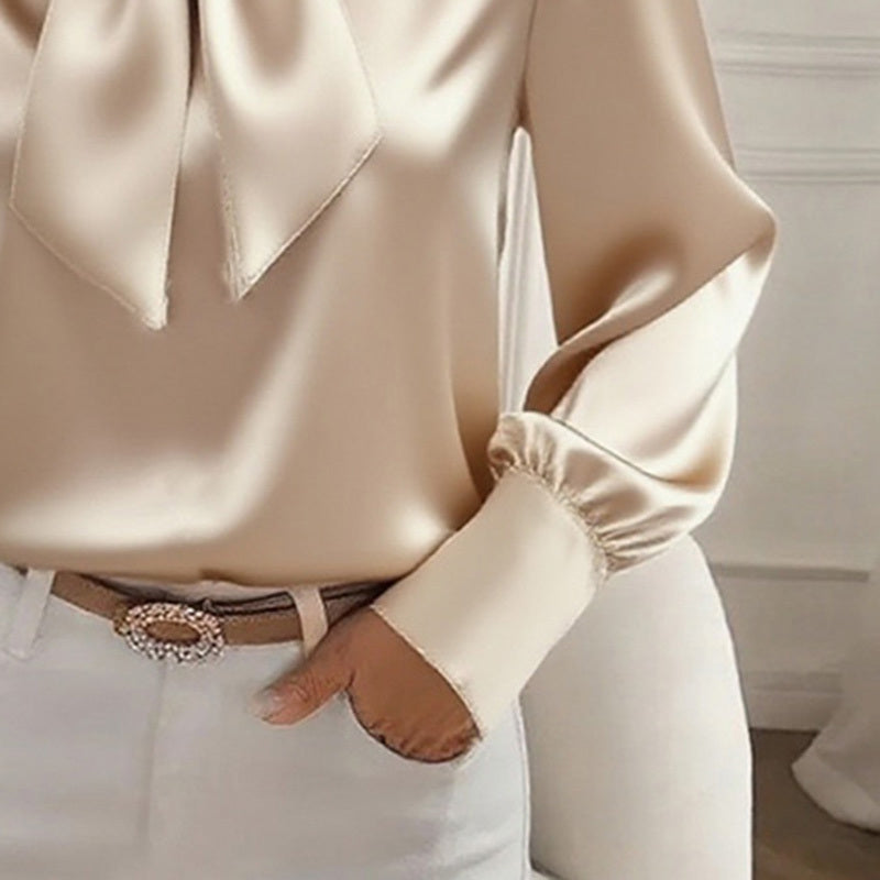 Luxurious Satin Bow Tie Long Sleeve Blouse - High-Fashion Statement Feminé Luxé