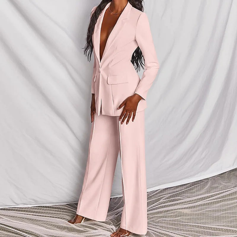 Elegant Spring Solid Color Blazer & Wide Leg Pant Set Feminé Luxé