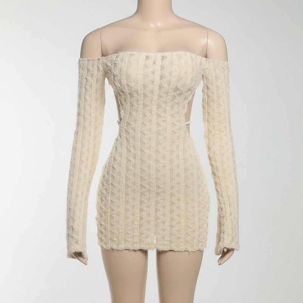 Beige Off-Shoulder Ribbed Bodycon Mini Dress Feminé Luxé
