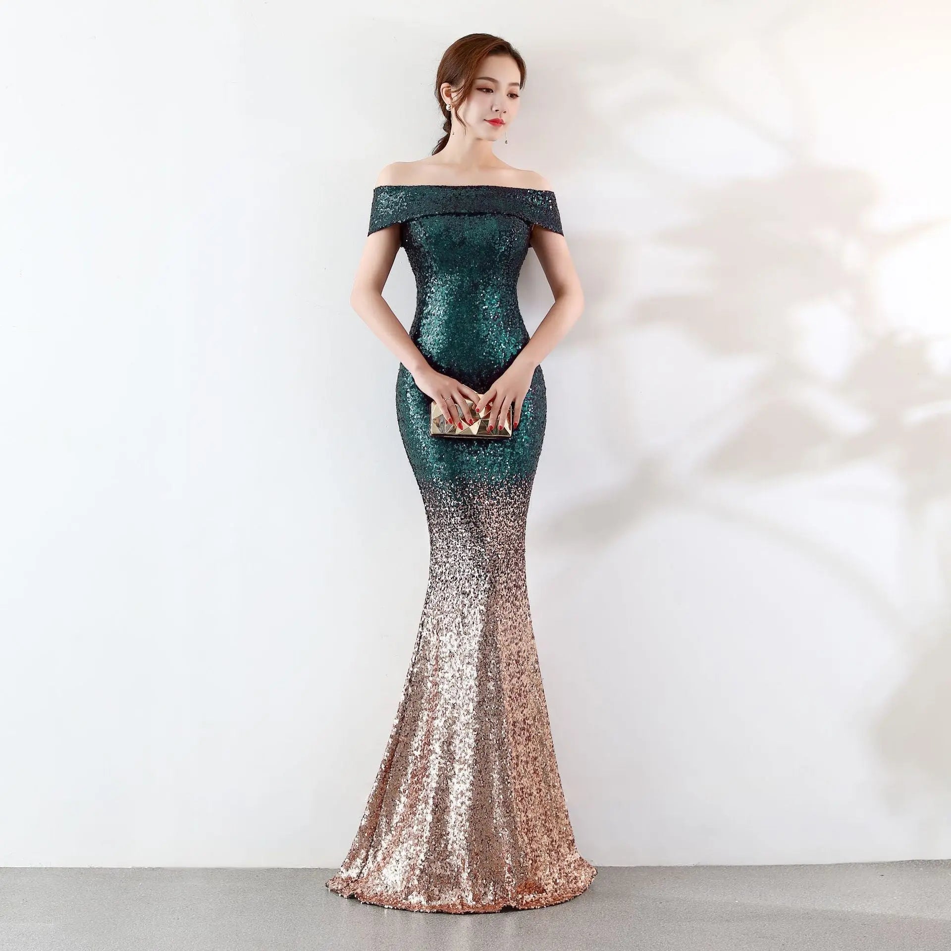 Luxury Gradient Sequin Mermaid Evening Dress – Off-Shoulder Slim Fit Feminé Luxé