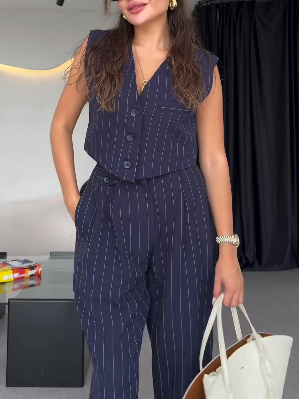 Striped 3-Piece Set: Cropped Blazer, Vest & High-Waisted Pant Feminé Luxé