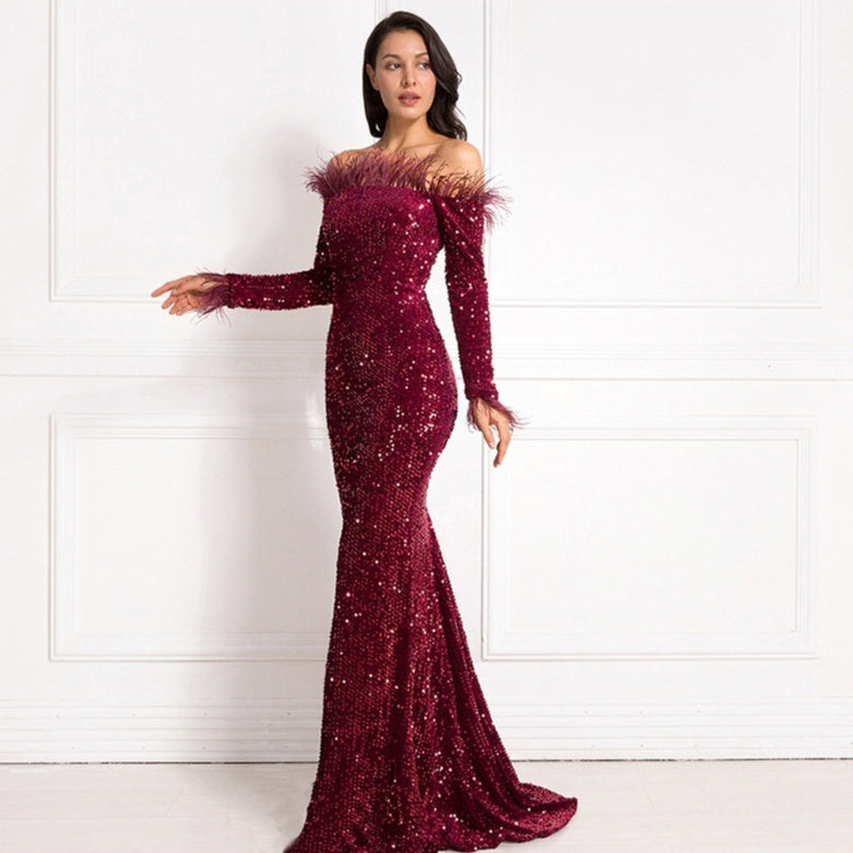 Off-Shoulder Sequined Fishtail Evening Dress – Elegant Party & Formal Gown Feminé Luxé