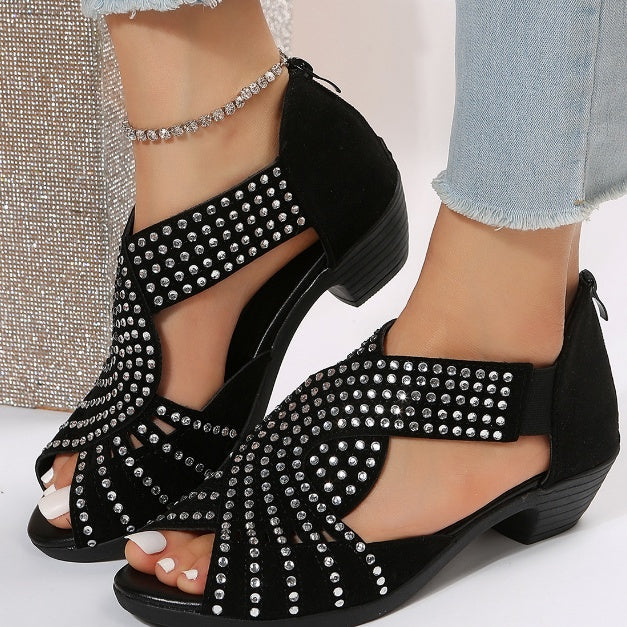 The "Obsidian Rhythm" Studded Peep-Toe Block Heel Sandal Feminé Luxé