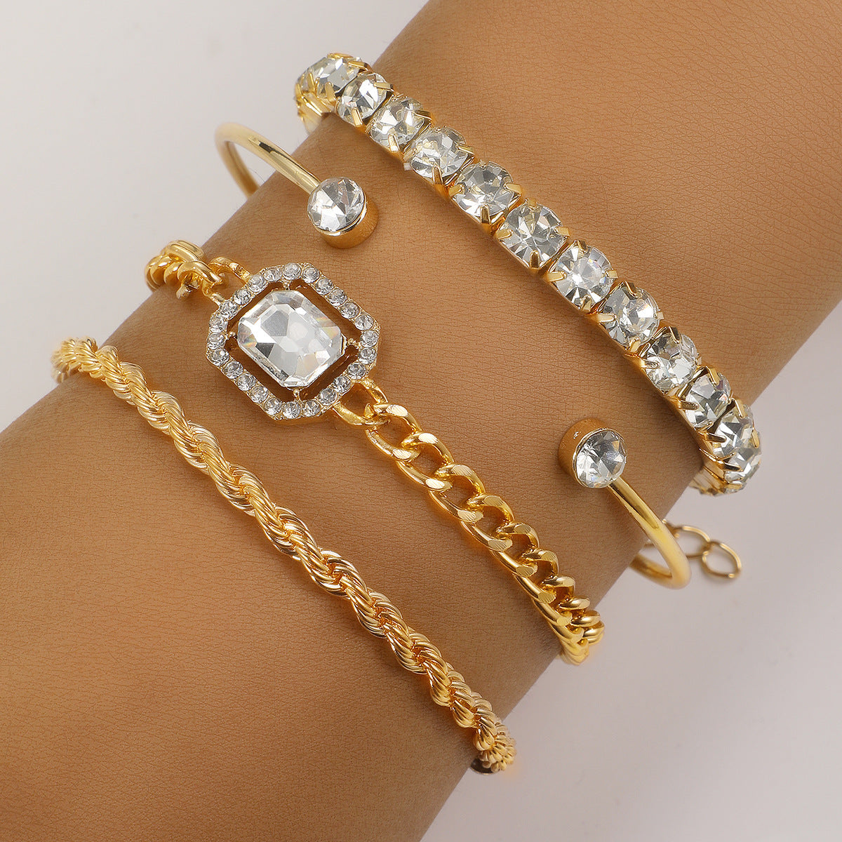Bohemian Vintage Luxury 4-Piece Gold Tone Crystal Cuff & Layering Bracelet Set Feminé Luxé