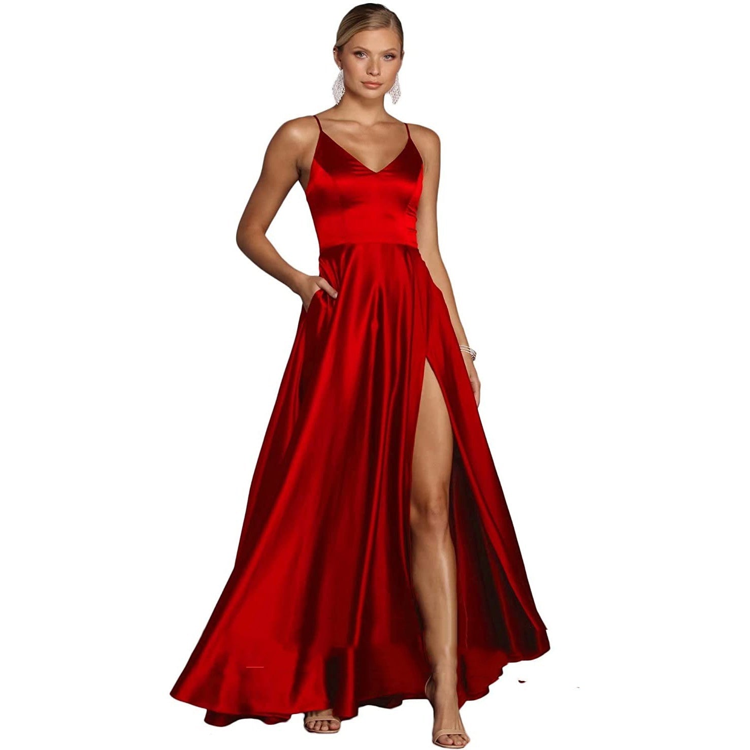 Elegant Satin V-Neck A-Line Long Evening Dress Feminé Luxé