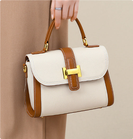 Light Luxury Genuine Leather Top-Handle Bag – Sophisticated Contrast-Color Satchel Feminé Luxé