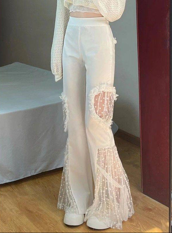 Feminé Luxé Exclusive Elegant High-Waist Lace-Panel Micro Flare Trousers Feminé Luxé