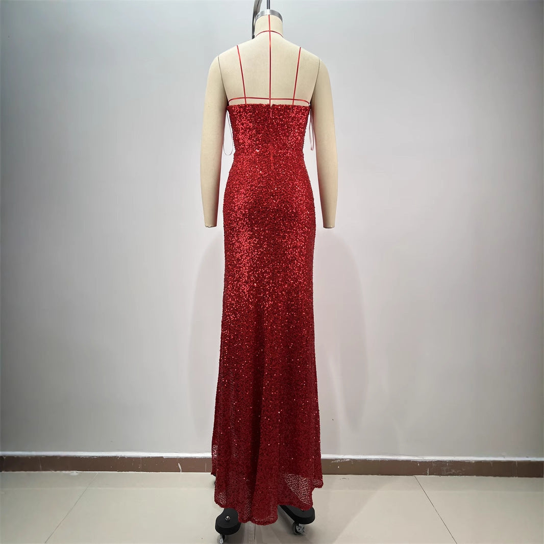Red Diamond Sequin Tube Gown – Sexy High Slit Evening Dress Feminé Luxé